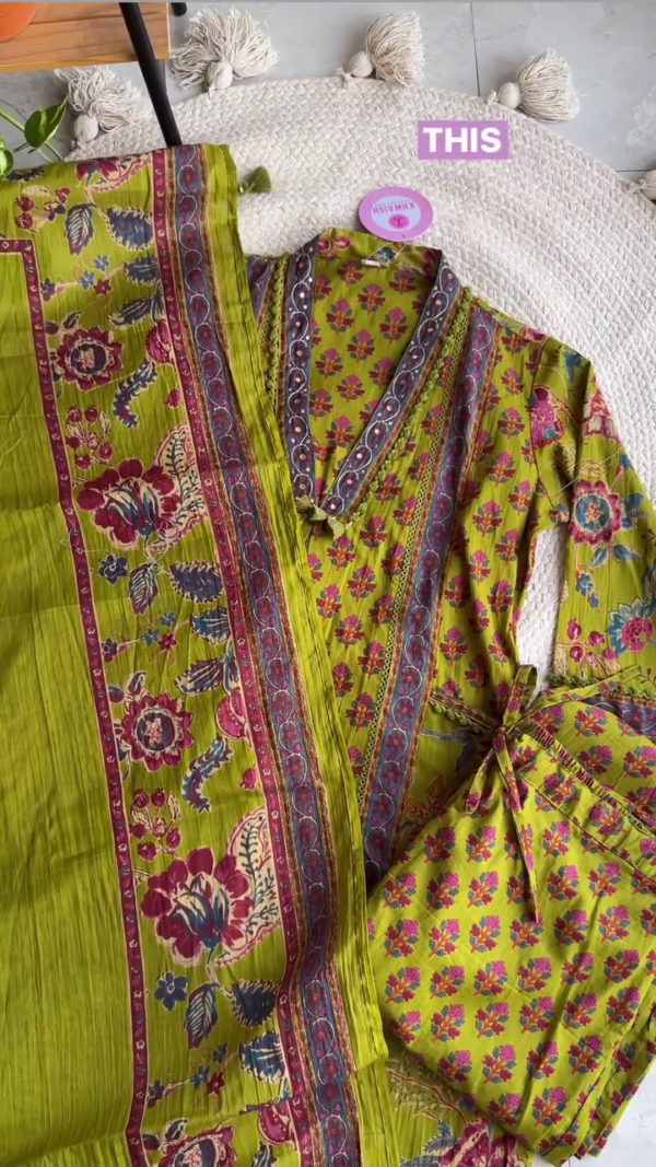 Handcrafted Lime Green Floral Block Print Cotton Kurta Set with Gota Detailing, Mirror Work Neckline, Tassel Tie-Up and Matching Dupatta for Ethnic Festive or Casual Wear - Image 2