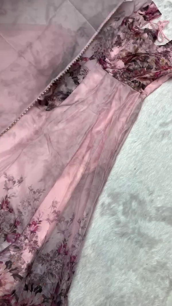 Elegant Floral Printed Organza Anarkali Suit Set with Matching Dupatta and Sleeveless Tie-Back Blouse – Available in Soft Pink, Black, and Teal Shades – Lightweight Festive Wear for Parties, Weddings, and Special Occasions - Image 5