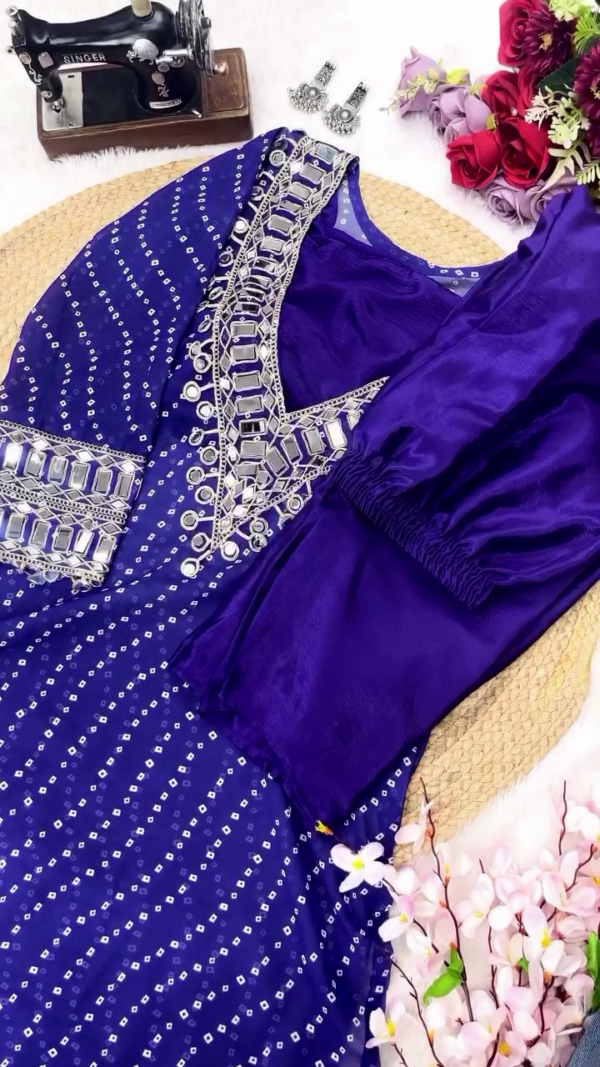 Designer Bandhej Mirror Work Anarkali Kurta Set with Heavy Embellished Neck and Sleeve Detailing – Available in Multiple Festive Colors for Elegant Traditional Look - Image 4