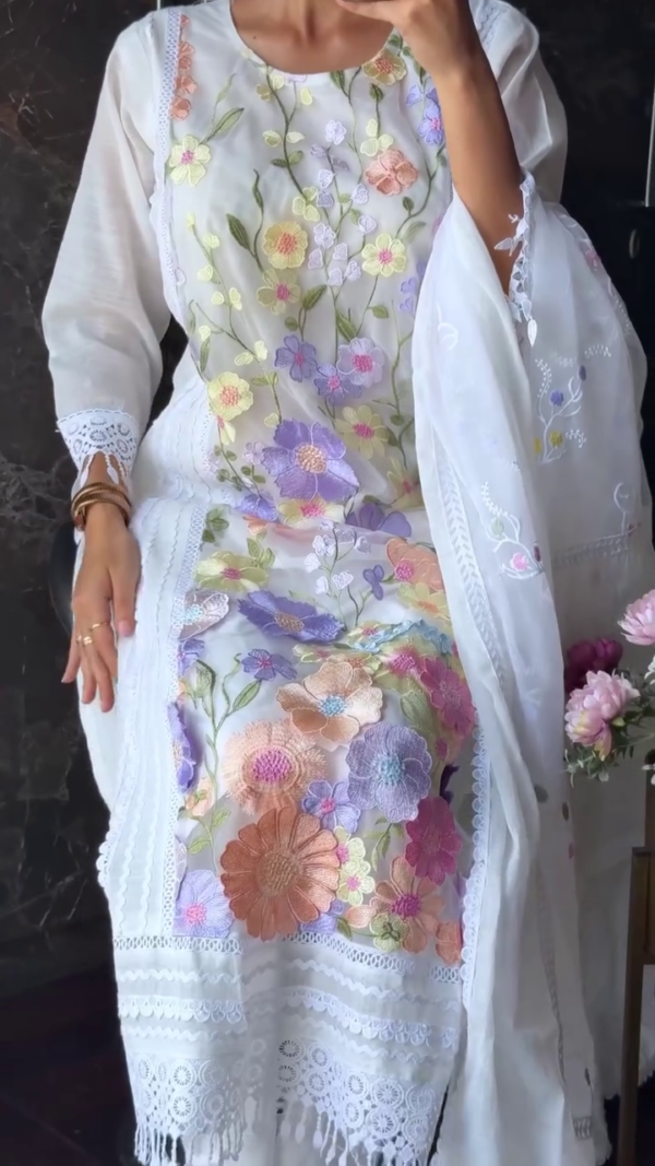 White Organza Embroidered Floral Suit Set for Women with Colorful Thread Work, Lace Detailing, Tassel Hem, and Sheer Dupatta – Perfect for Festive, Ethnic, and Summer Occasions - Image 4