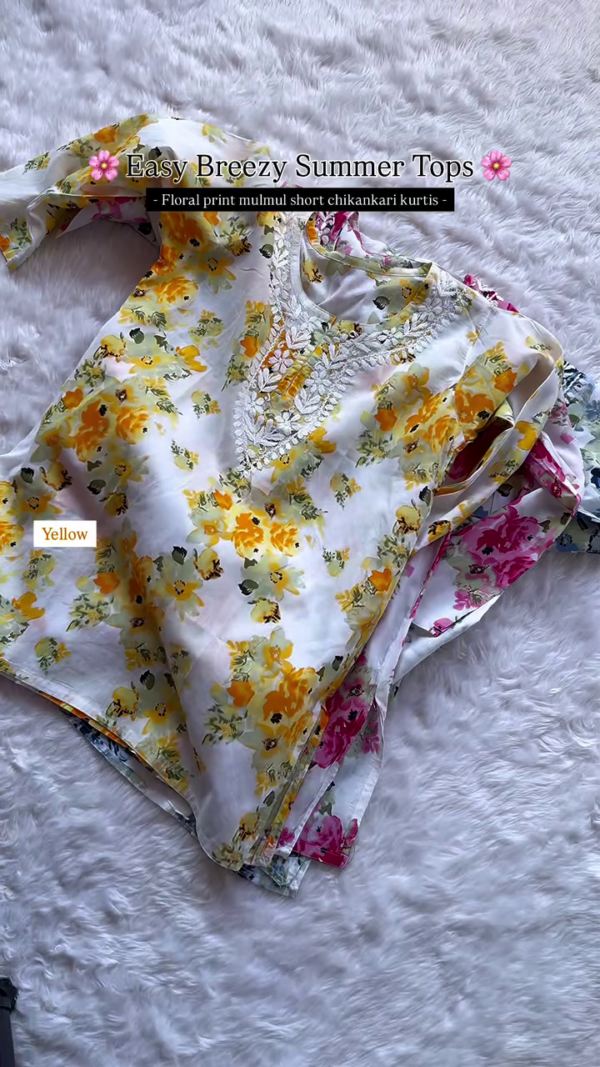 Easy Breezy Summer Floral Mulmul Short Kurti Tops for Women with Elegant Chikankari Embroidery in Grey and Yellow – Lightweight, Comfortable & Stylish Ethnic Wear for Everyday Chic Look - Image 4