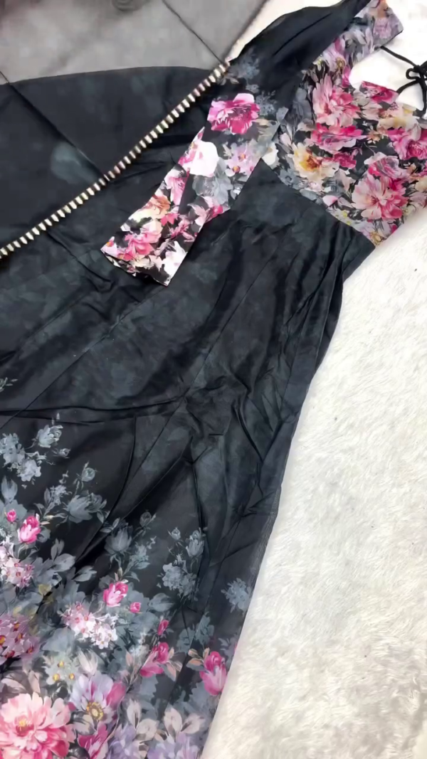 Elegant Floral Printed Organza Anarkali Suit Set with Matching Dupatta and Sleeveless Tie-Back Blouse – Available in Soft Pink, Black, and Teal Shades – Lightweight Festive Wear for Parties, Weddings, and Special Occasions - Image 4