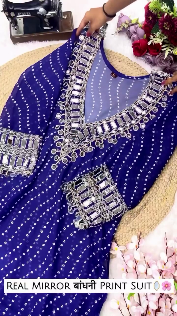 Designer Bandhej Mirror Work Anarkali Kurta Set with Heavy Embellished Neck and Sleeve Detailing – Available in Multiple Festive Colors for Elegant Traditional Look - Image 3