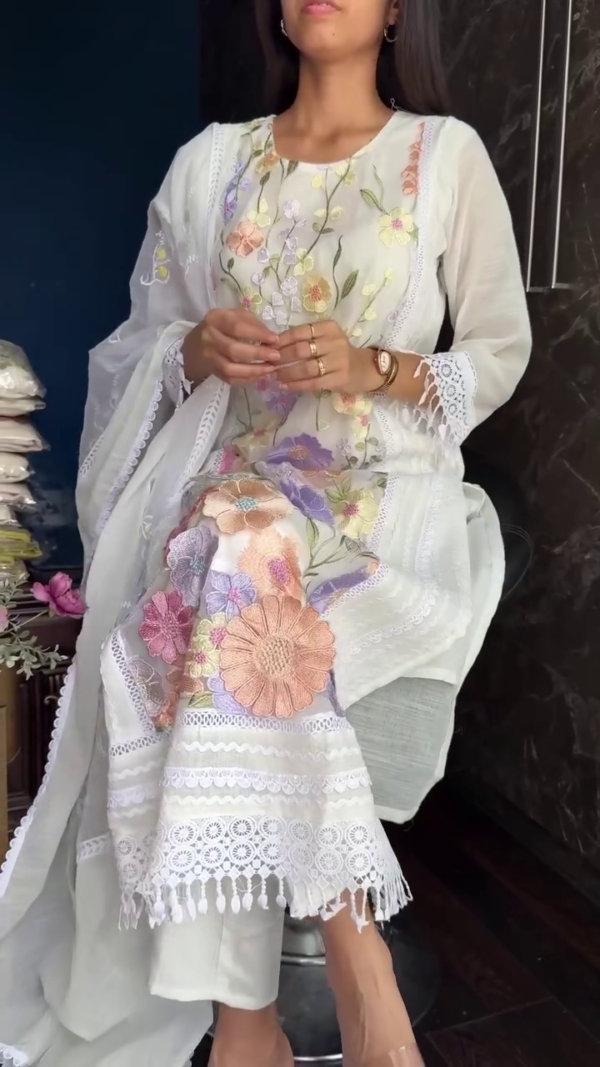 White Organza Embroidered Floral Suit Set for Women with Colorful Thread Work, Lace Detailing, Tassel Hem, and Sheer Dupatta – Perfect for Festive, Ethnic, and Summer Occasions - Image 3