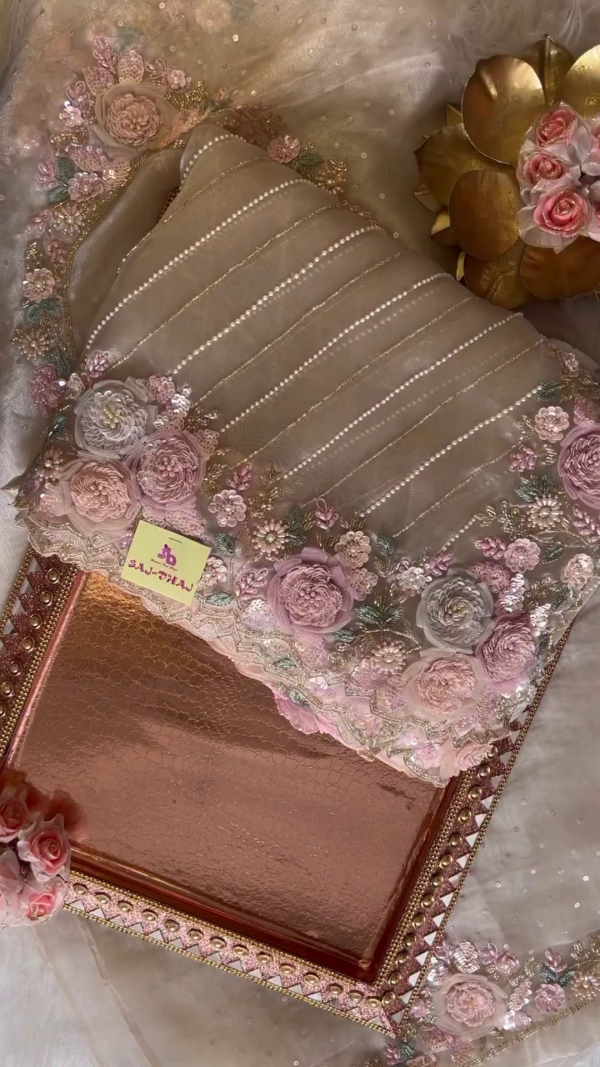 Designer Beige Net Saree with Pearl Striped Pattern and Intricate 3D Floral Embroidery Work, Paired with Elegant Blouse and Decorative Packaging Box for Wedding or Festive Wear