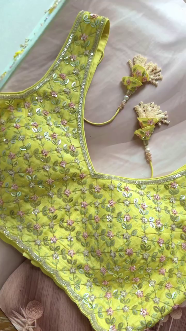 Pastel Green Soft Organza Saree with Multicolor Floral Sequin Embroidery Paired with Vibrant Yellow Thread Work Blouse for Elegant Festive and Daytime Celebrations - Image 2