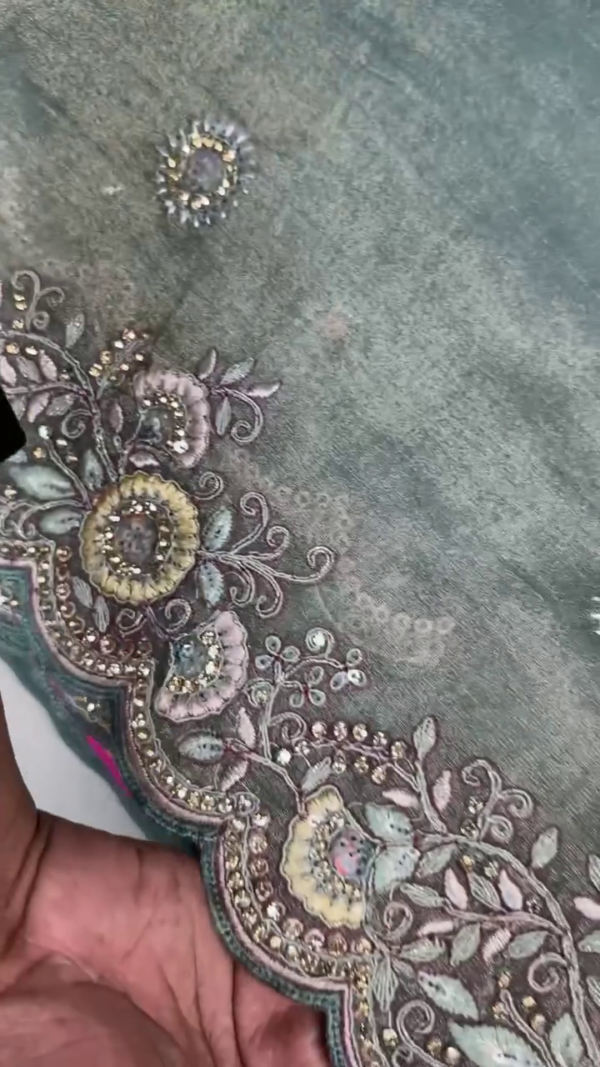 Designer Teal Silk Saree with Intricate Zari Embroidery and Multicolor Floral Sequins on Scalloped Border, Paired with Matching Sequin-Embroidered Blouse – Ideal for Wedding, Festive, and Party Wear - Image 2