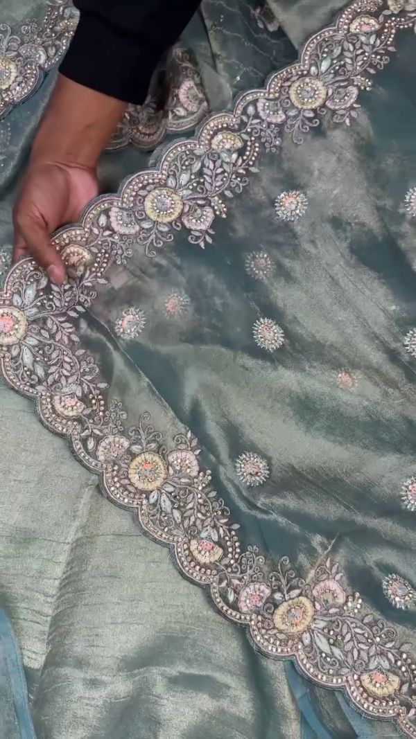 Designer Teal Silk Saree with Intricate Zari Embroidery and Multicolor Floral Sequins on Scalloped Border, Paired with Matching Sequin-Embroidered Blouse – Ideal for Wedding, Festive, and Party Wear - Image 4