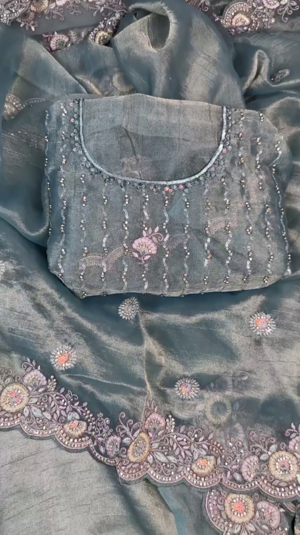Designer Teal Silk Saree with Intricate Zari Embroidery and Multicolor Floral Sequins on Scalloped Border, Paired with Matching Sequin-Embroidered Blouse – Ideal for Wedding, Festive, and Party Wear - Image 3