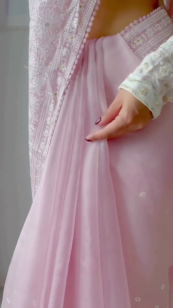 Baby Pink Net Saree with Intricate White Thread Embroidery, Polka Dot Detailing, and Full Sleeve Designer Blouse – Perfect for Festive and Wedding Occasions - Image 2