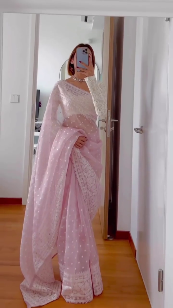 Baby Pink Net Saree with Intricate White Thread Embroidery, Polka Dot Detailing, and Full Sleeve Designer Blouse – Perfect for Festive and Wedding Occasions