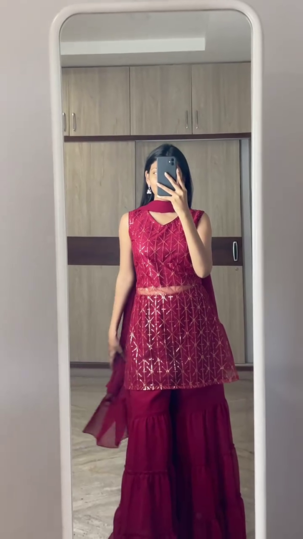 Women's Festive Sharara Set – Designer Sleeveless and Strappy Peplum Kurti with Flared Tiered Sharara Pants and Dupatta – Available in Royal Blue, Elegant White, and Glamorous Maroon – Ethnic Partywear Ensemble - Image 3