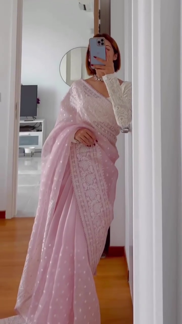 Baby Pink Net Saree with Intricate White Thread Embroidery, Polka Dot Detailing, and Full Sleeve Designer Blouse – Perfect for Festive and Wedding Occasions - Image 3