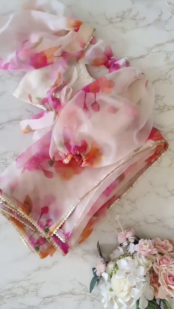 Off-White Organza Saree with Multicolor Floral Print, Sequin Embellished Border, and Matching Blouse for Festive and Summer Occasions