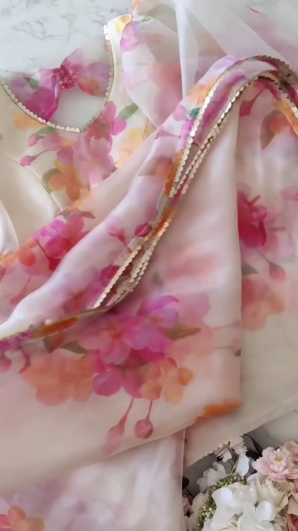 Off-White Organza Saree with Multicolor Floral Print, Sequin Embellished Border, and Matching Blouse for Festive and Summer Occasions - Image 2