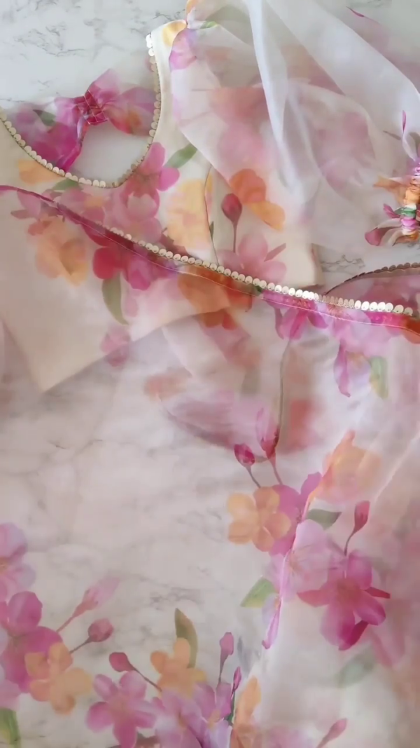 Off-White Organza Saree with Multicolor Floral Print, Sequin Embellished Border, and Matching Blouse for Festive and Summer Occasions - Image 3