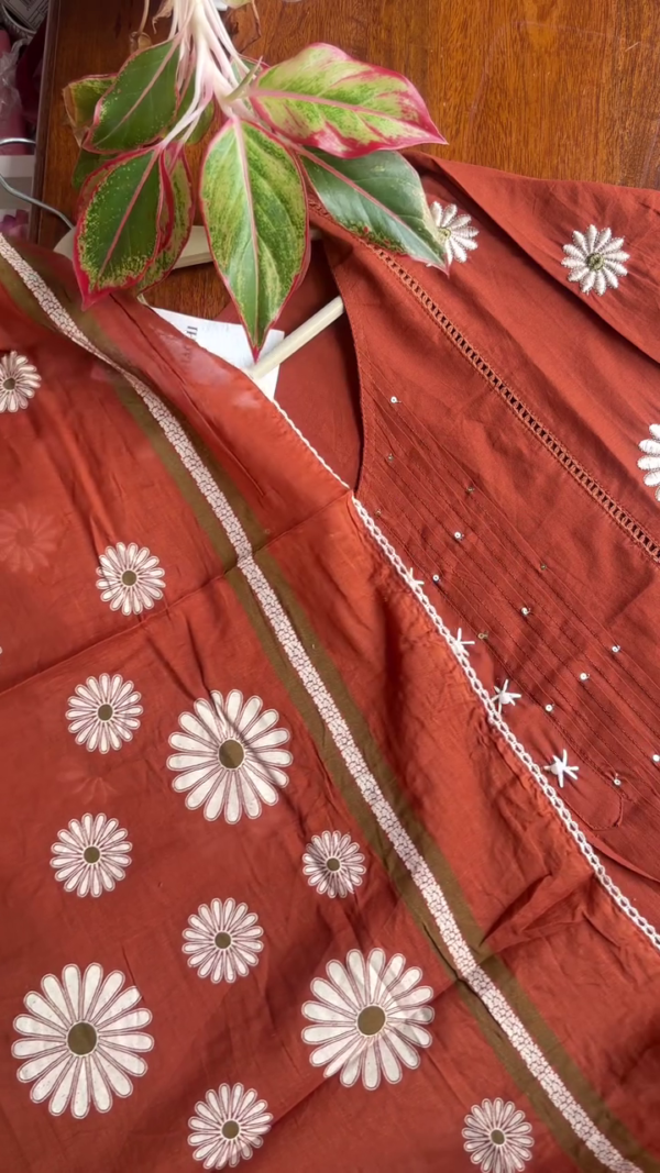 Cotton A-Line Kurti Set with Floral Embroidery, Pintuck Detailing, 3/4 Sleeves and Matching Printed Dupatta – Available in Green and Rust Red Colors - Image 2