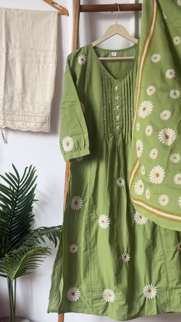 Cotton A-Line Kurti Set with Floral Embroidery, Pintuck Detailing, 3/4 Sleeves and Matching Printed Dupatta – Available in Green and Rust Red Colors - Image 4