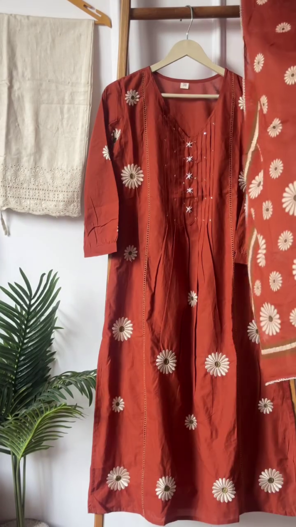 Cotton A-Line Kurti Set with Floral Embroidery, Pintuck Detailing, 3/4 Sleeves and Matching Printed Dupatta – Available in Green and Rust Red Colors - Image 3