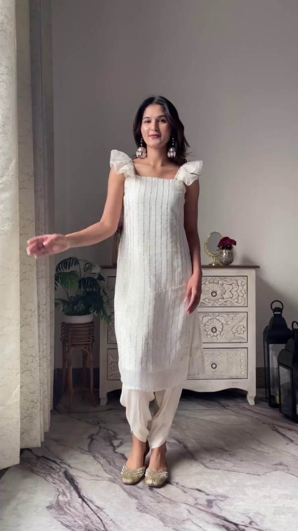 stylish sleeveless and full-sleeve chikankari straight kurtis for women featuring intricate embroidery and sequin detailing, available in vibrant magenta, soft ivory with ruffle sleeves, and soothing lavender, perfect for pairing with jeans or traditional bottoms for festive, casual, or semi-formal occasions - Image 2