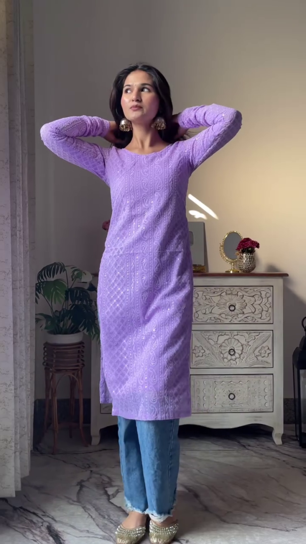 stylish sleeveless and full-sleeve chikankari straight kurtis for women featuring intricate embroidery and sequin detailing, available in vibrant magenta, soft ivory with ruffle sleeves, and soothing lavender, perfect for pairing with jeans or traditional bottoms for festive, casual, or semi-formal occasions - Image 3