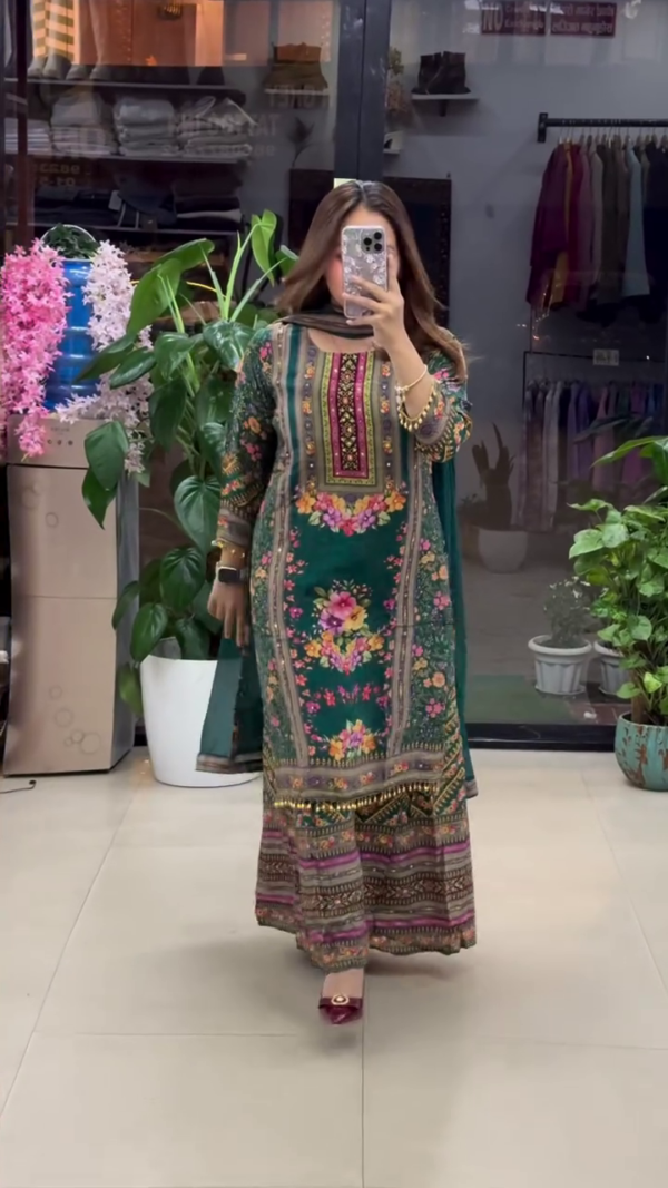 Green Floral Printed Straight-Cut Suit Set with Intricate Neck Embroidery, Matching Wide-Leg Palazzo Pants, and Lightweight Chiffon Dupatta – Perfect for Festive and Traditional Occasions
