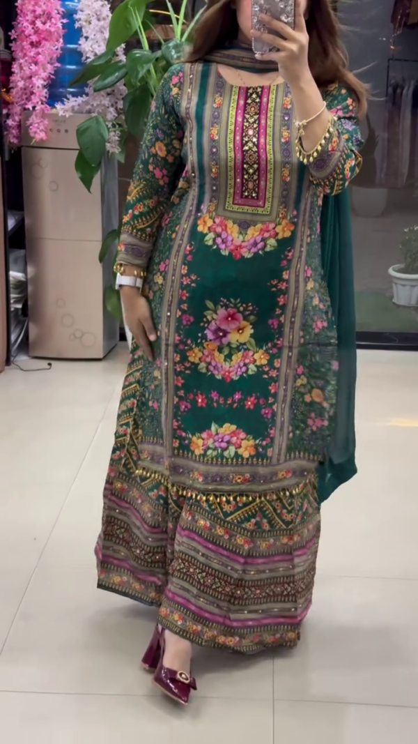Green Floral Printed Straight-Cut Suit Set with Intricate Neck Embroidery, Matching Wide-Leg Palazzo Pants, and Lightweight Chiffon Dupatta – Perfect for Festive and Traditional Occasions - Image 2