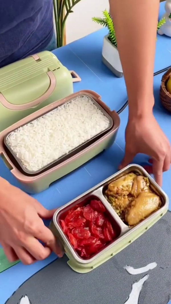 Portable Electric Lunch Box Food Warmer with Dual Stainless Steel Containers for Rice and Main Dishes – Compact Multi-Layer Heating Bento Box for Home, Office, and Travel with Steam Function and Leak-Proof Design