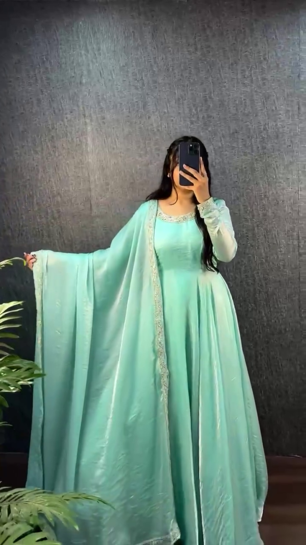 Traditional Embroidered Anarkali Suit Set for Women in Rich Silk Fabric with Heavy Sequin Work on Neckline and Dupatta Border – Available in Pink, Purple, Maroon, and Aqua Blue Shades – Perfect for Festive, Wedding, and Party Wear - Image 4