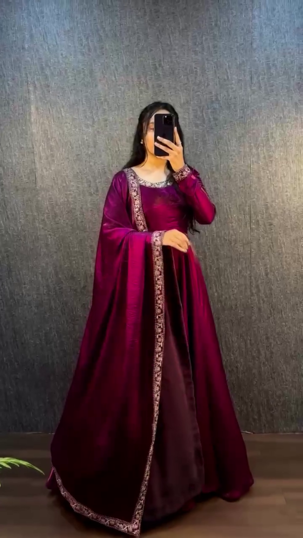 Traditional Embroidered Anarkali Suit Set for Women in Rich Silk Fabric with Heavy Sequin Work on Neckline and Dupatta Border – Available in Pink, Purple, Maroon, and Aqua Blue Shades – Perfect for Festive, Wedding, and Party Wear - Image 3