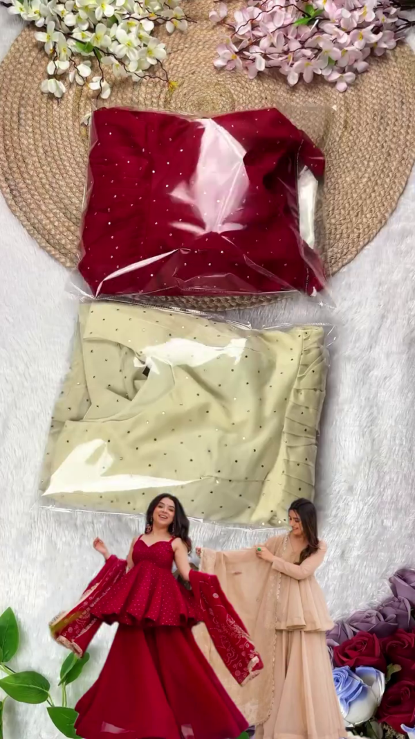 Georgette Anarkali Suit Set with All-Over Sequin Work Featuring Matching Dupatta and Plain Bottom – Available in Rich Red and Soothing Cream Colors – Ideal for Festive, Wedding, and Party Wear