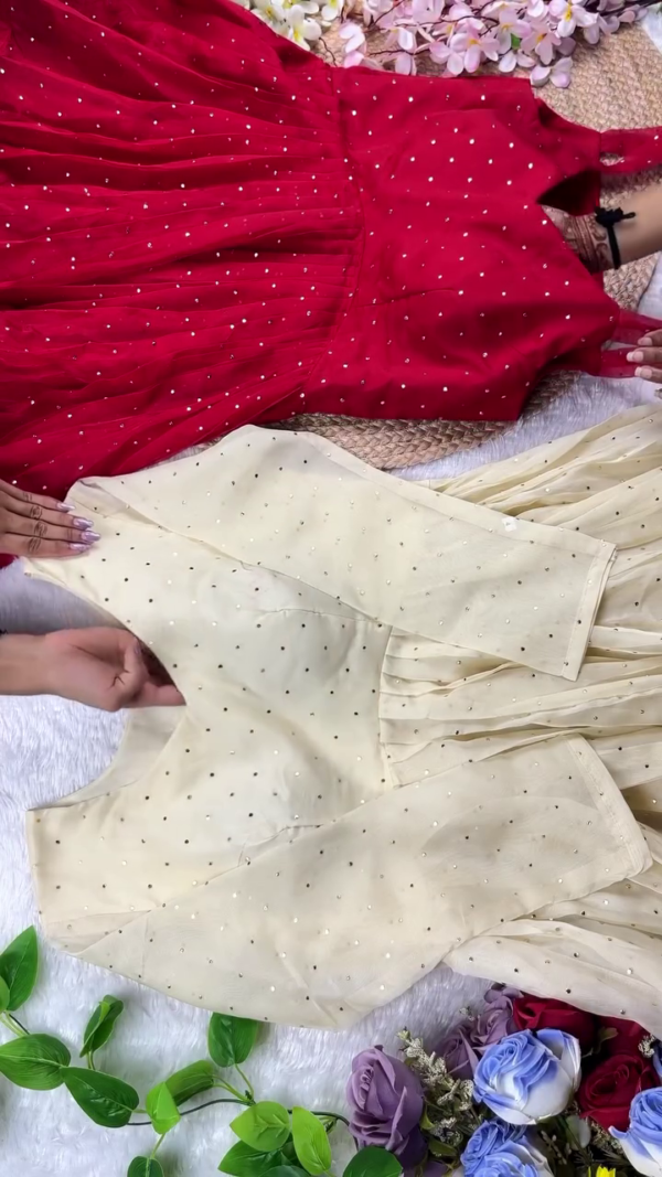 Georgette Anarkali Suit Set with All-Over Sequin Work Featuring Matching Dupatta and Plain Bottom – Available in Rich Red and Soothing Cream Colors – Ideal for Festive, Wedding, and Party Wear - Image 2