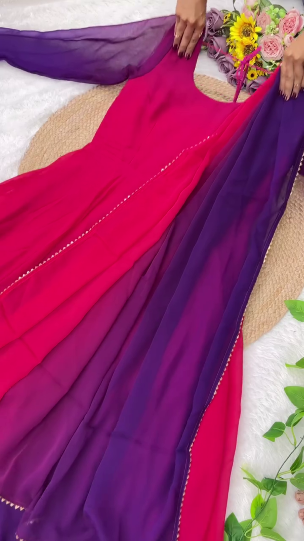 Women's Anarkali Suit Set Collection Featuring Ombre Purple-Pink Georgette Dress, Black Floral Printed Net Dress, and Traditional Red Embroidered Festive Wear with Dupatta – Perfect for Weddings, Parties, and Ethnic Celebrations
