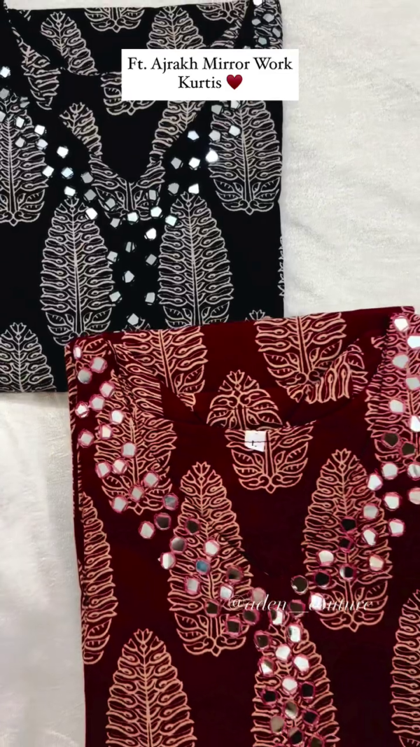 Ajrakh Handblock Printed Mirror Work Cotton Kurtis for Women in Elegant Black and Maroon Shades – Ethnic Wear with Traditional Craftsmanship and Contemporary Style - Image 2