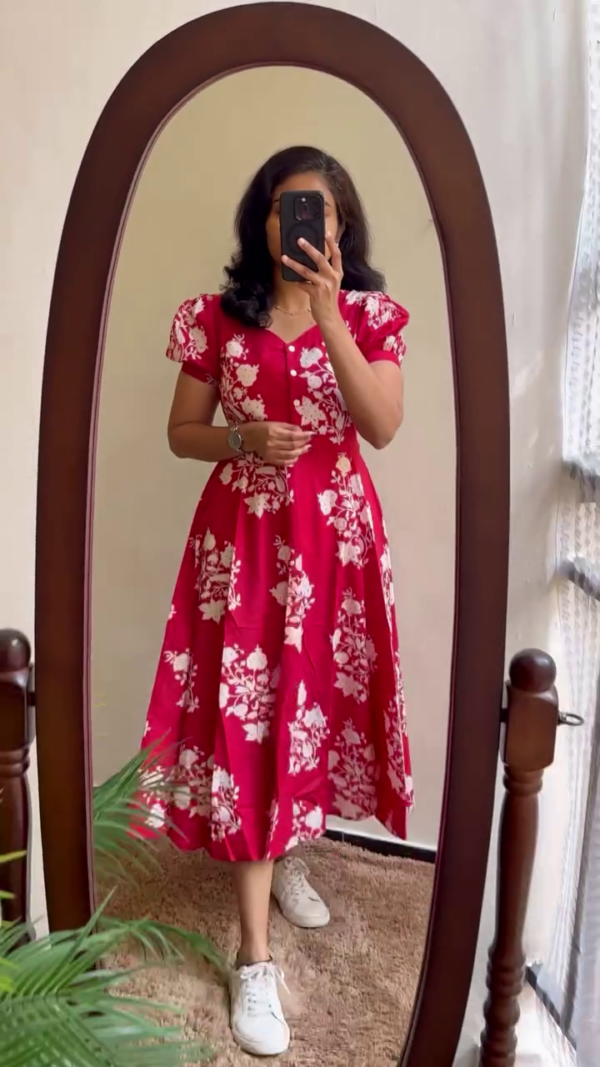 Red Floral Printed Fit and Flare Midi Dress with Puff Sleeves, V-Neckline, Button Detailing, and Casual Flowy Silhouette Perfect for Everyday Wear or Outings