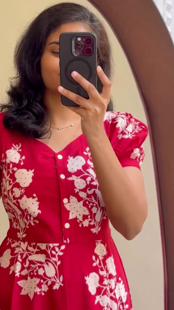 Red Floral Printed Fit and Flare Midi Dress with Puff Sleeves, V-Neckline, Button Detailing, and Casual Flowy Silhouette Perfect for Everyday Wear or Outings - Image 2