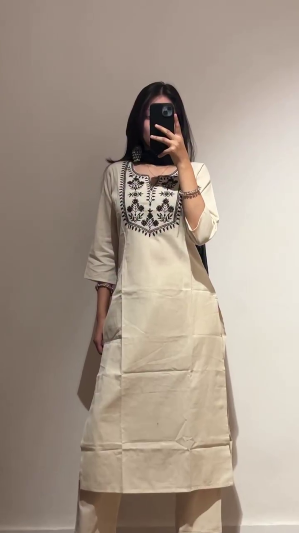 Elegant Cream and Black Cotton Kurta Set Combo with Traditional Thread Embroidery, Straight-Cut Design, Three-Quarter Sleeves, Comfortable Palazzo Pants, and Matching Dupatta – Perfect for Casual and Ethnic Wear
