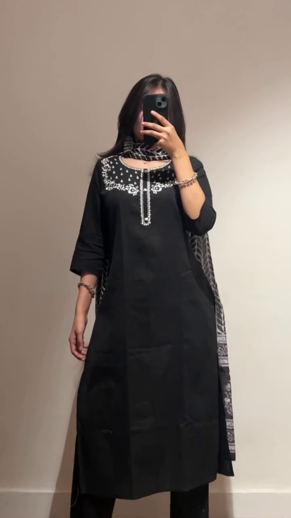 Elegant Cream and Black Cotton Kurta Set Combo with Traditional Thread Embroidery, Straight-Cut Design, Three-Quarter Sleeves, Comfortable Palazzo Pants, and Matching Dupatta – Perfect for Casual and Ethnic Wear - Image 2