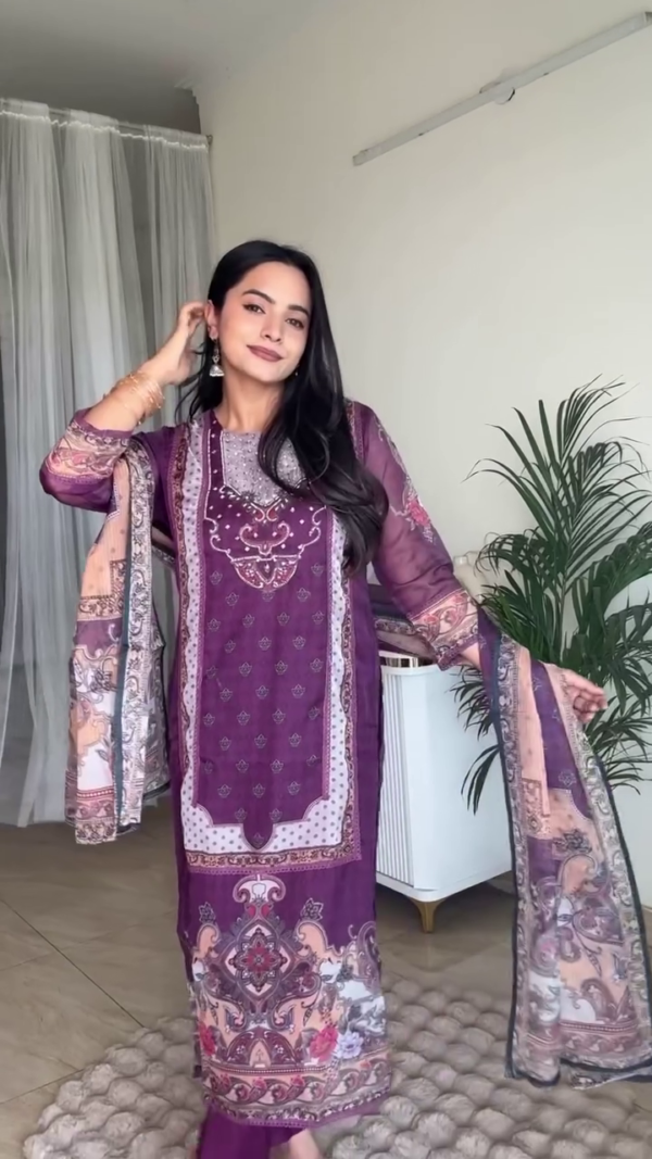Stylish Ethnic Wear Collection Featuring Purple Printed Straight Kurta with Sheer Dupatta, Lilac Chikankari Embroidered Kurta Set with Organza Dupatta, and Soft Pink Thread Embroidered Kurta Set Perfect for Festive and Traditional Occasions