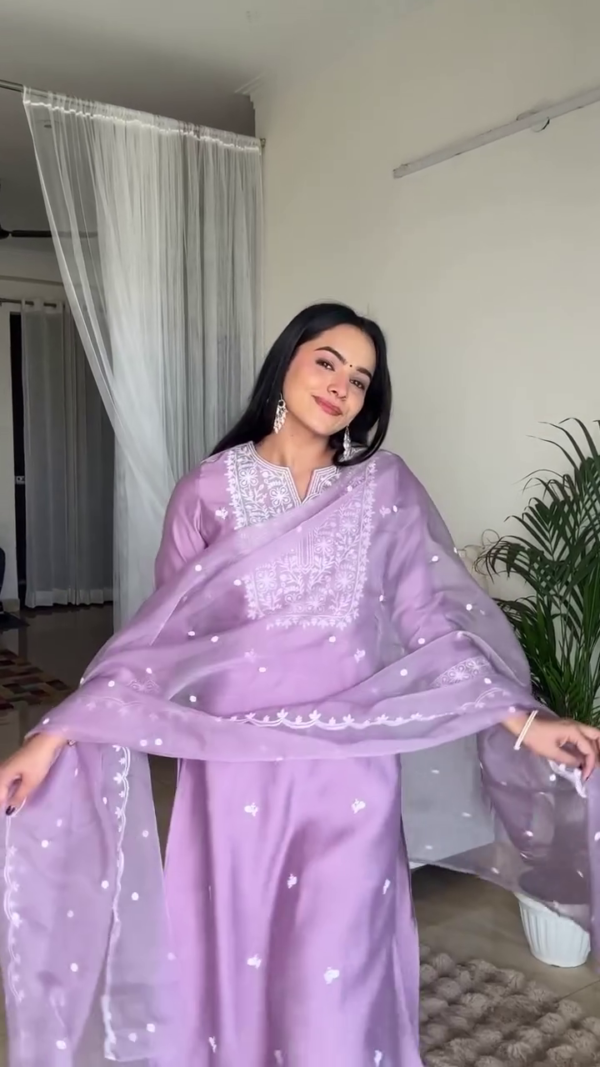 Stylish Ethnic Wear Collection Featuring Purple Printed Straight Kurta with Sheer Dupatta, Lilac Chikankari Embroidered Kurta Set with Organza Dupatta, and Soft Pink Thread Embroidered Kurta Set Perfect for Festive and Traditional Occasions - Image 2