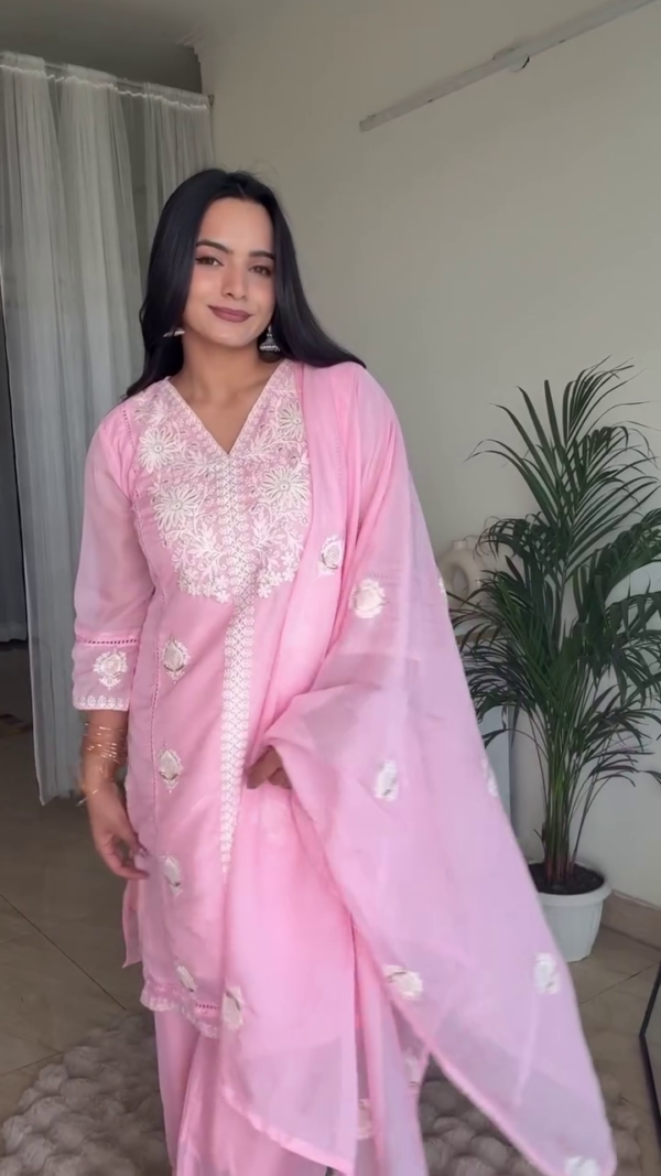 Stylish Ethnic Wear Collection Featuring Purple Printed Straight Kurta with Sheer Dupatta, Lilac Chikankari Embroidered Kurta Set with Organza Dupatta, and Soft Pink Thread Embroidered Kurta Set Perfect for Festive and Traditional Occasions - Image 3