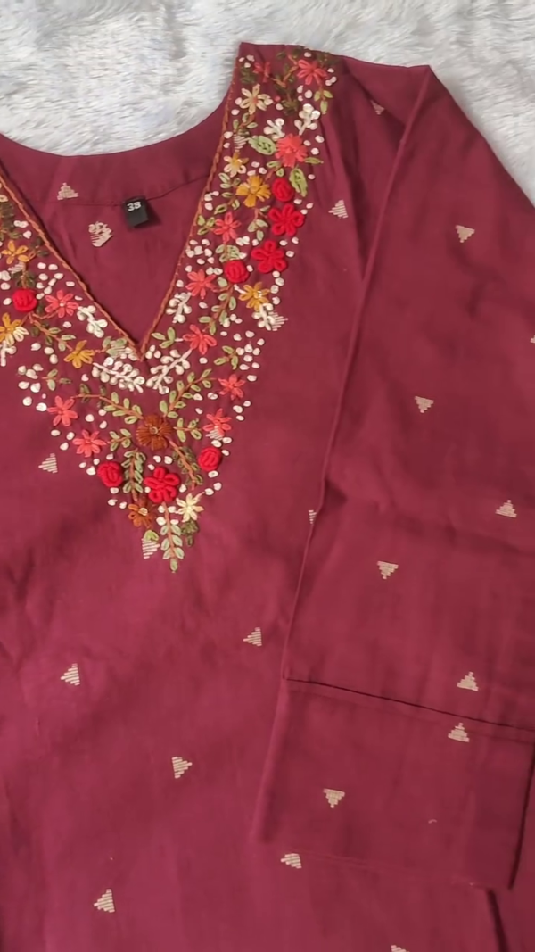 Maroon Cotton Kurta Set with Colorful Floral Embroidery on Neckline, Subtle Golden Motifs on Fabric, and Striped Tassel Dupatta with Pant – Perfect for Festive and Casual Wear - Image 2
