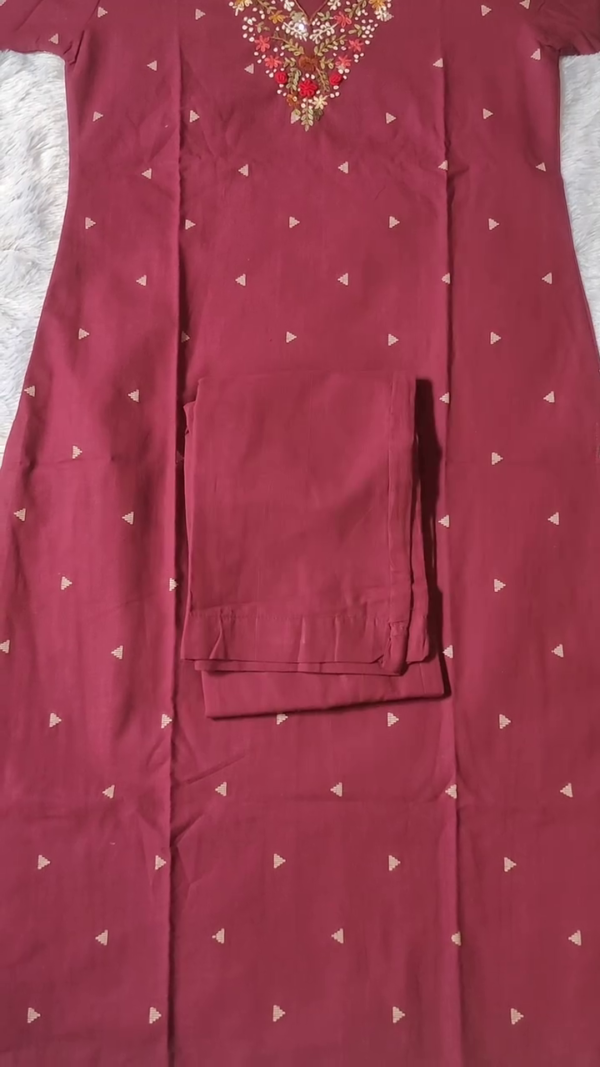 Maroon Cotton Kurta Set with Colorful Floral Embroidery on Neckline, Subtle Golden Motifs on Fabric, and Striped Tassel Dupatta with Pant – Perfect for Festive and Casual Wear - Image 4