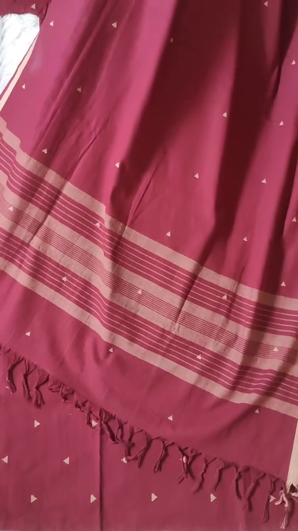 Maroon Cotton Kurta Set with Colorful Floral Embroidery on Neckline, Subtle Golden Motifs on Fabric, and Striped Tassel Dupatta with Pant – Perfect for Festive and Casual Wear - Image 3