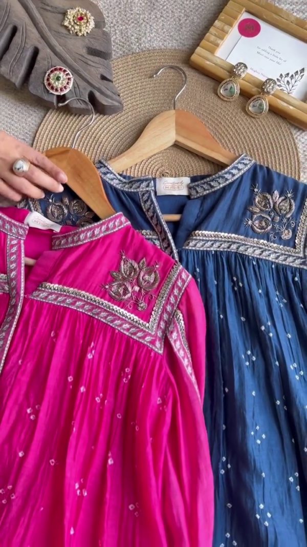 Handcrafted Cotton Anarkali Kurta With Pant Set Featuring Intricate Gota Patti Embroidery and Mirror Work Detailing in Vibrant Rani Pink and Indigo Blue Shades – Perfect for Festive and Ethnic Occasions