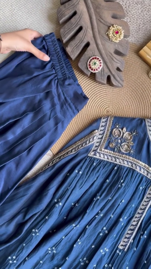 Handcrafted Cotton Anarkali Kurta With Pant Set Featuring Intricate Gota Patti Embroidery and Mirror Work Detailing in Vibrant Rani Pink and Indigo Blue Shades – Perfect for Festive and Ethnic Occasions - Image 2