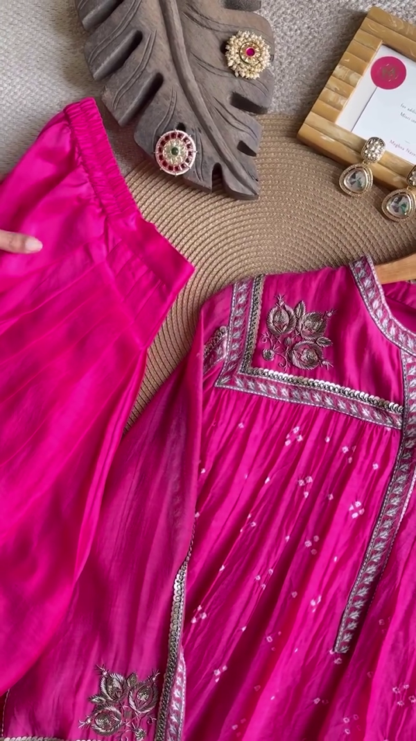 Handcrafted Cotton Anarkali Kurta With Pant Set Featuring Intricate Gota Patti Embroidery and Mirror Work Detailing in Vibrant Rani Pink and Indigo Blue Shades – Perfect for Festive and Ethnic Occasions - Image 3