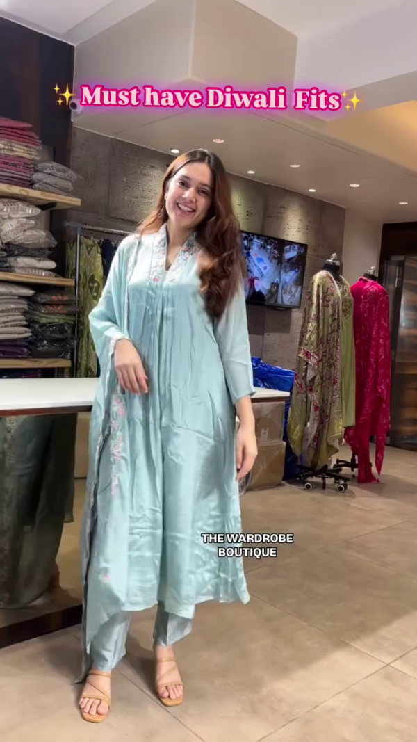 Light Blue A-Line Kurta Set with Delicate Embroidered Neckline and Matching Dupatta – Perfect Festive Wear for Diwali Celebrations by The Wardrobe Boutique - Image 2