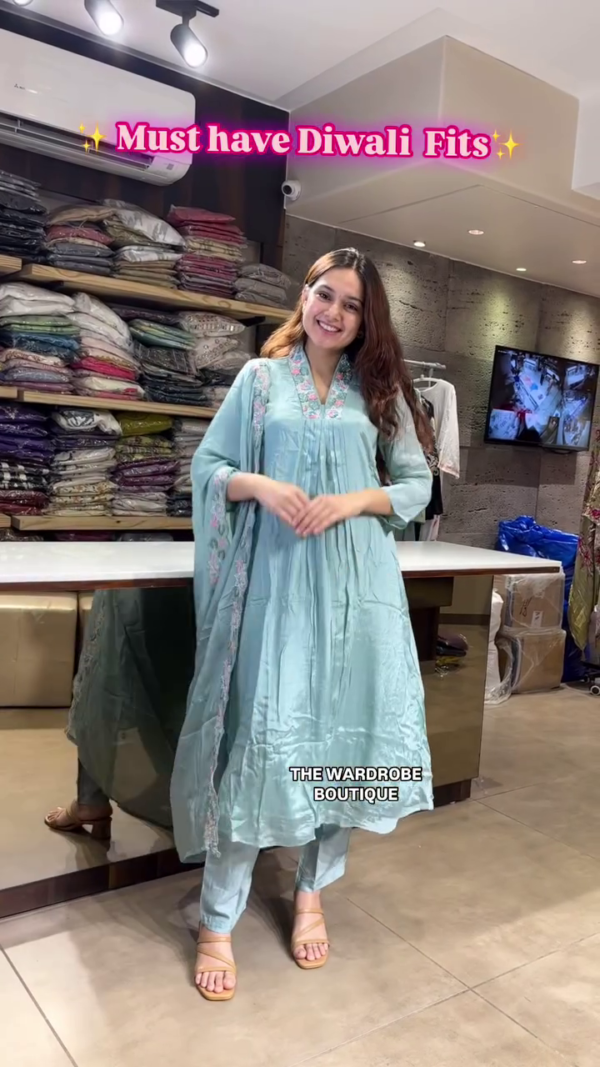Light Blue A-Line Kurta Set with Delicate Embroidered Neckline and Matching Dupatta – Perfect Festive Wear for Diwali Celebrations by The Wardrobe Boutique