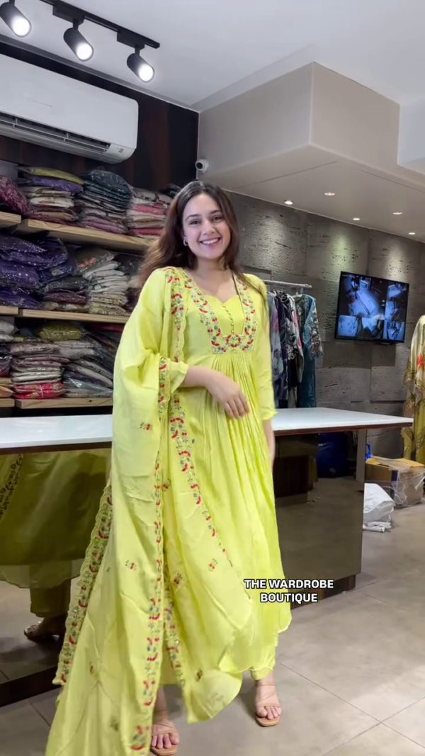 Vibrant Yellow Anarkali Kurta Set with Intricate Multicolor Floral Embroidery and Coordinated Dupatta – Ideal Ethnic Ensemble for Festive and Diwali Celebrations by The Wardrobe Boutique